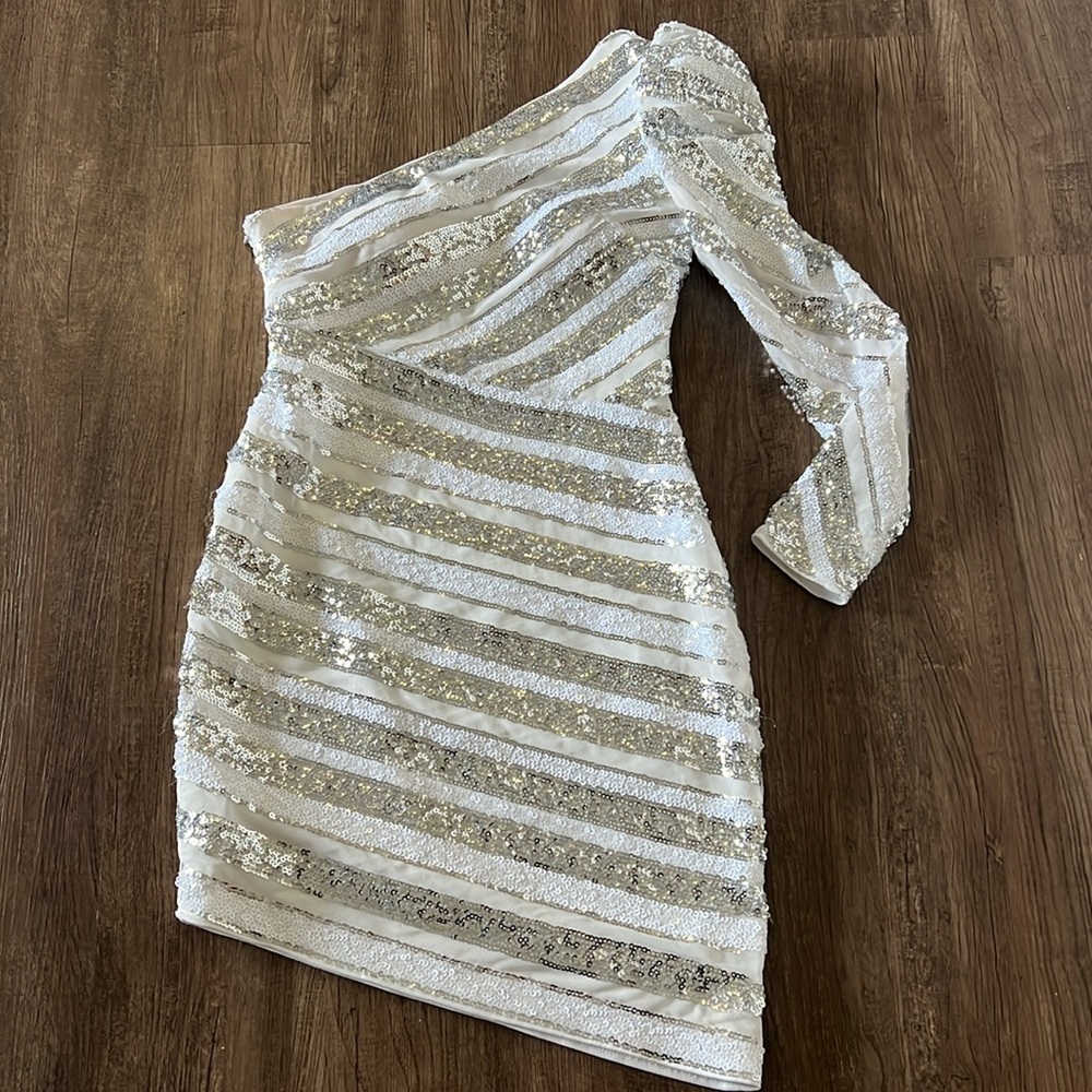 Size 6, Guess dress asymmetrical hemline,  off shoulder, white silver sequence